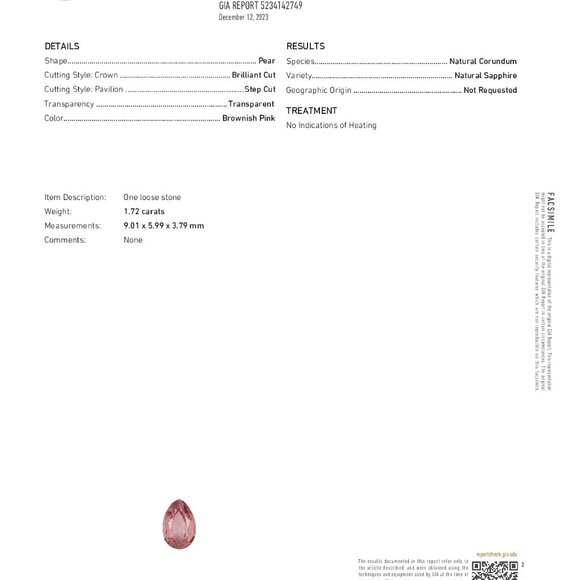 Pear Natural Loose Sapphire (1.72 Ct Brown Pink Vs2) Gia C53000122 - Picture 5 of 6